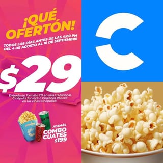 Desde el 4 de agosto hasta el 10 de septiembre, ¡Cinépolis te ofrece entradas a solo $29 pesos! 🤑