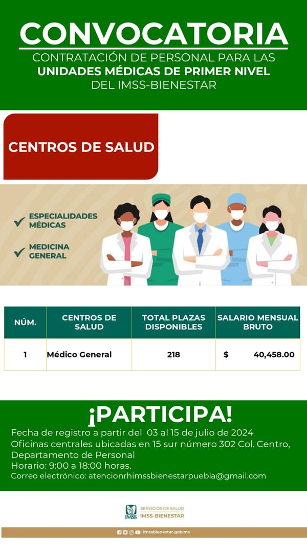 Abre IMSS-Bienestar convocatoria de contratación